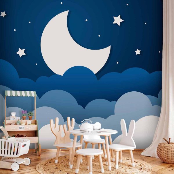Papier peint - Moon dream - clouds on a dark blue sky with stars for children Papier peint - Moon dream - clouds on a dark blue sky with stars for children