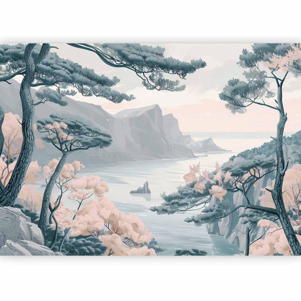 Papier peint - Mountainous Coast with Trees and Rocks in Light Pastel Blues