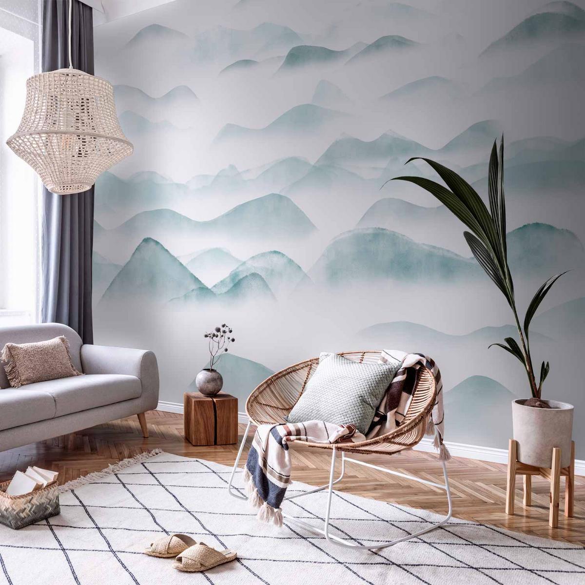 Mur accent avec papier peint panoramique dans un salon lumineux, idée tendance architecture d’intérieur 2026