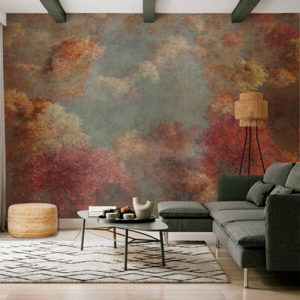 Papier peint - Nature in autumn - landscape of autumn trees in painted retro style Papier peint - Nature in autumn - landscape of autumn trees in painted retro style