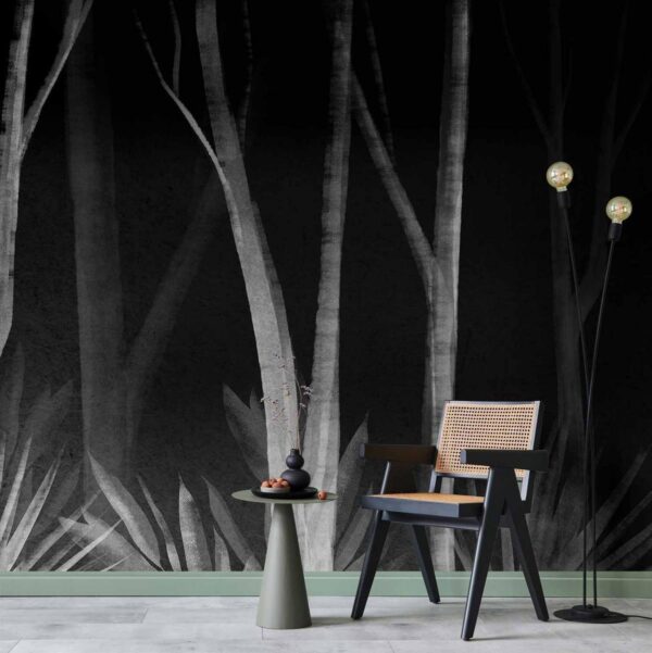 Papier peint - Noise of the forest at night - minimalist landscape of white trees on a black background Papier peint - Noise of the forest at night - minimalist landscape of white trees on a black background