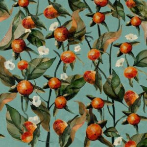 Papier peint - Orange grove - plant motif with fruit and leaves on a blue background