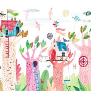 Papier peint - Painted tree houses - a colourful fantasy with kites for children
