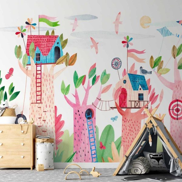 Papier peint - Painted tree houses - a colourful fantasy with kites for children Papier peint - Painted tree houses - a colourful fantasy with kites for children