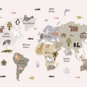 Papier peint - Pastel Map - Animals and Continents for Children's Room