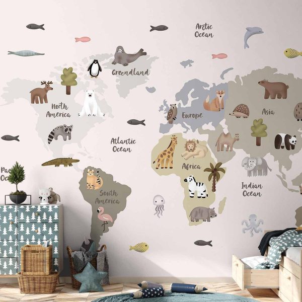 Papier peint - Pastel Map - Animals and Continents for Children's Room Papier peint - Pastel Map - Animals and Continents for Children's Room