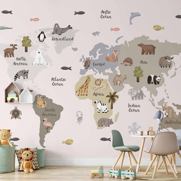 Papier peint - Pastel Map - Animals and Continents for Children's Room