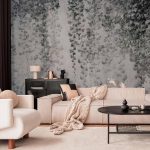 Papier peint - Peaceful oasis - landscape of hanging black leaf vines on a grey background