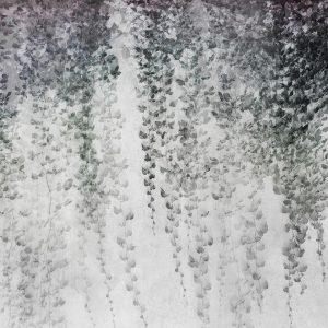 Papier peint - Peaceful oasis - landscape of hanging black leaf vines on a grey background