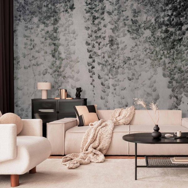 Papier peint - Peaceful oasis - landscape of hanging black leaf vines on a grey background Papier peint - Peaceful oasis - landscape of hanging black leaf vines on a grey background