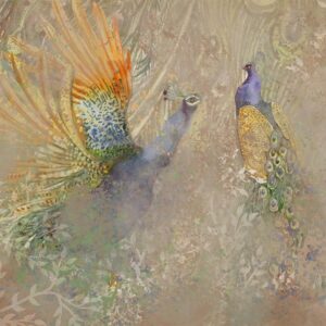 Papier peint - Peacocks in dance - bird motif among an abstract pattern with ornaments