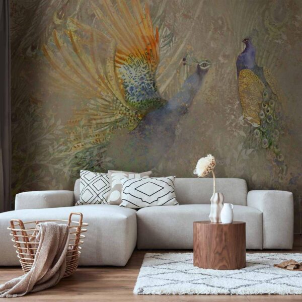 Papier peint - Peacocks in dance - bird motif among an abstract pattern with ornaments Papier peint - Peacocks in dance - bird motif among an abstract pattern with ornaments
