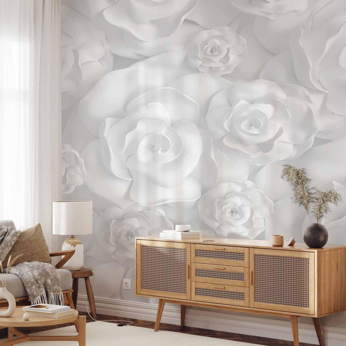 Tête de lit avec papier peint 3D effet matière dans une chambre au style minimalisme chaleureux