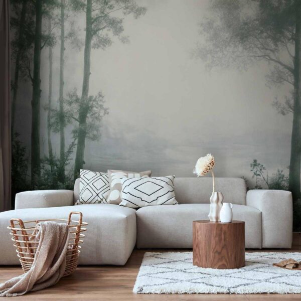 Papier peint - Retro Landscape - Grove Trees and Pond in Patinated Shades of Green Papier peint - Retro Landscape - Grove Trees and Pond in Patinated Shades of Green