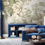 Papier peint - Retro Vintage Flowers in Delicate Cream and Green Colors