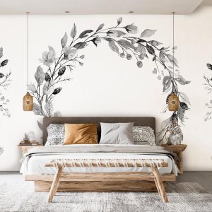Papier peint - Romantic wreath - grey plant motif with leaves with rose pattern