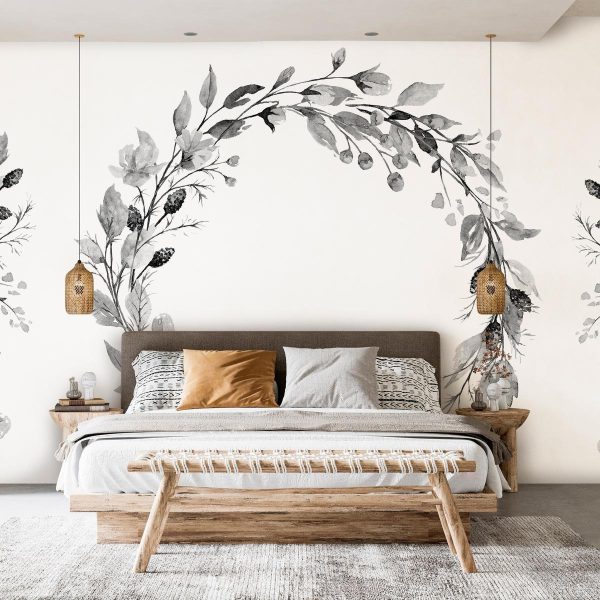 Papier peint - Romantic wreath - grey plant motif with leaves with rose pattern