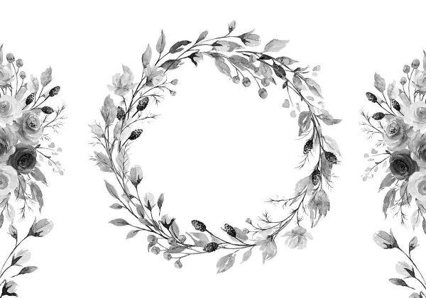 Papier peint - Romantic wreath - grey plant motif with leaves with rose pattern