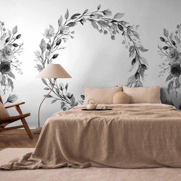Papier peint - Romantic wreath - grey plant motif with leaves with rose pattern Papier peint - Romantic wreath - grey plant motif with leaves with rose pattern