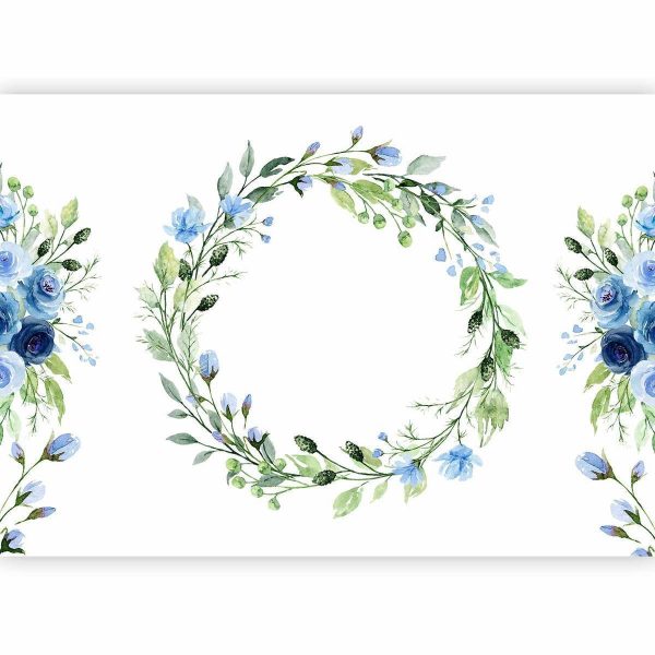 Papier peint - Romantic wreath - plant motif with blue flowers and leaves