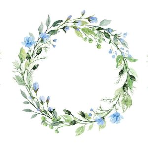 Papier peint - Romantic wreath - plant motif with blue flowers and leaves