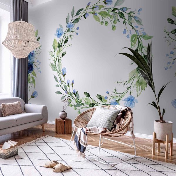 Papier peint - Romantic wreath - plant motif with blue flowers and leaves Papier peint - Romantic wreath - plant motif with blue flowers and leaves