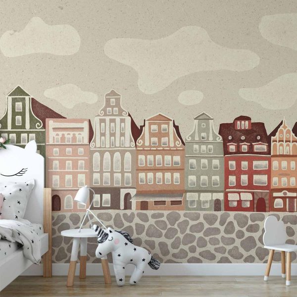 Papier peint - Salt Square - Colorful Illustrated Townhouses Against a Cloudy Sky Background Papier peint - Salt Square - Colorful Illustrated Townhouses Against a Cloudy Sky Background