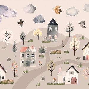 Papier peint - Scandinavian Valley - Village in Pastel Colours Painted in Watercolours