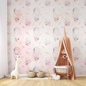 Papier peint - Solid pattern with feathers - hares in a basket and in a balloon for children