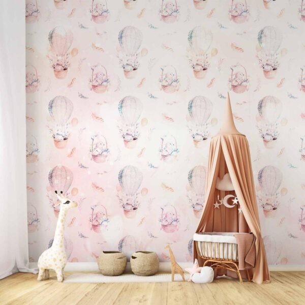 Papier peint - Solid pattern with feathers - hares in a basket and in a balloon for children