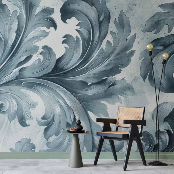 Papier peint - Stone Baroque Ornaments in Light Shades of Gray-Blue Papier peint - Stone Baroque Ornaments in Light Shades of Gray-Blue