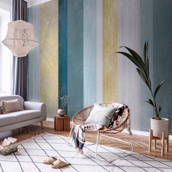 Papier peint - Striped pattern - abstract background in stripes in blue tones with gold pattern Papier peint - Striped pattern - abstract background in stripes in blue tones with gold pattern