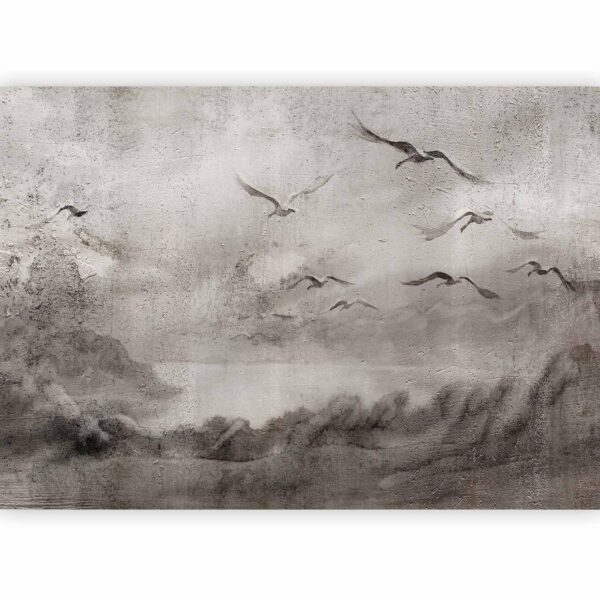 Papier peint - Swan flight - abstract landscape of birds over a lake with texture