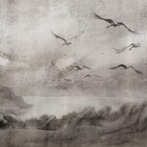 Papier peint - Swan flight - abstract landscape of birds over a lake with texture