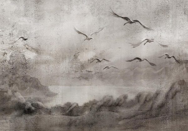 Papier peint - Swan flight - abstract landscape of birds over a lake with texture