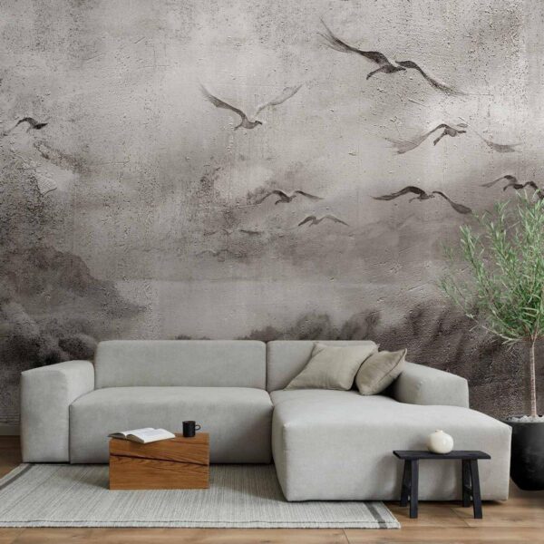 Papier peint - Swan flight - abstract landscape of birds over a lake with texture Papier peint - Swan flight - abstract landscape of birds over a lake with texture