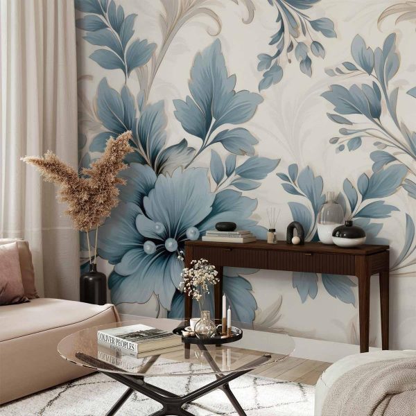 Papier peint - Turquoise Flowers in Retro Ambience - Floristic Ornaments Papier peint - Turquoise Flowers in Retro Ambience - Floristic Ornaments