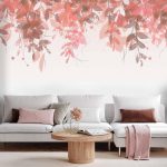 Papier peint - Under vegetation - hanging vines of pink leaves on a neutral background