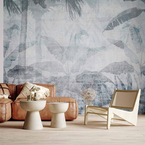 Papier peint - Vanishing jungle - landscape of exotic nature in blue tones Papier peint - Vanishing jungle - landscape of exotic nature in blue tones