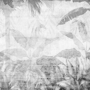 Papier peint - Vanishing jungle - landscape of exotic trees and leaves in grey tones