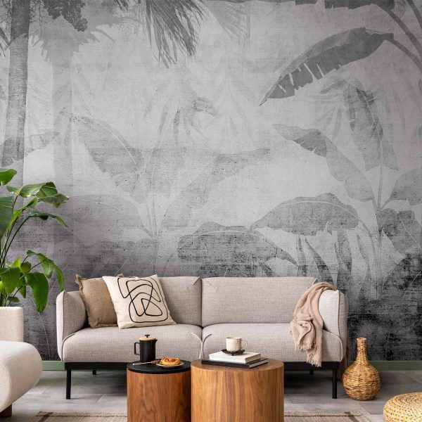 Papier peint - Vanishing jungle - landscape of exotic trees and leaves in grey tones Papier peint - Vanishing jungle - landscape of exotic trees and leaves in grey tones