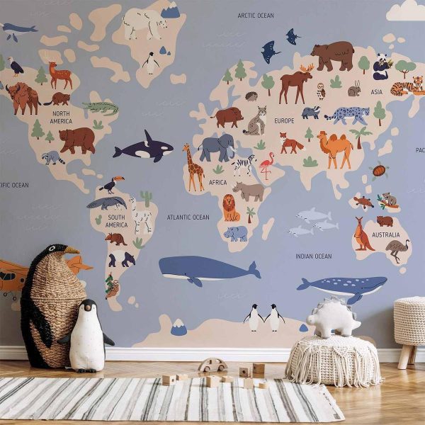Papier peint - World Map With Animal Illustrations Papier peint - World Map With Animal Illustrations