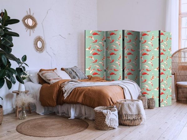 Paravent - Fish And Japanese Pattern - Koi Fish in Orange-Cream Colors on a Green-Mint Background With An Oriental Pattern