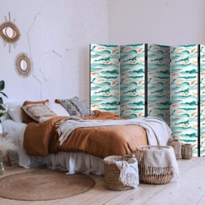 Paravent - Fish Jumping Above The Waves - Oriental Fish And Water Lilies Among High Waves in Shades of Sea Green