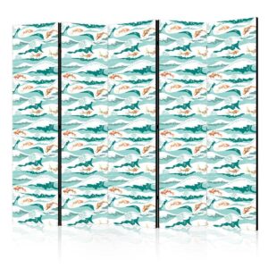 Paravent - Fish Jumping Above The Waves - Oriental Fish And Water Lilies Among High Waves in Shades of Sea Green