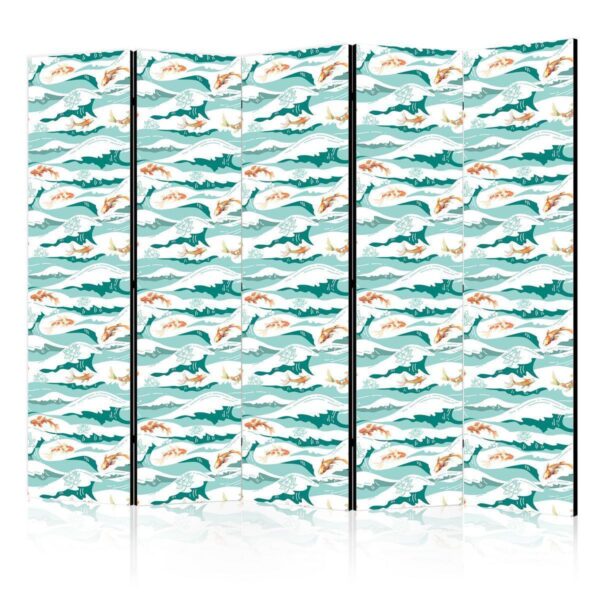 Paravent - Fish Jumping Above The Waves - Oriental Fish And Water Lilies Among High Waves in Shades of Sea Green Paravent - Fish Jumping Above The Waves - Oriental Fish And Water Lilies Among High Waves in Shades of Sea Green