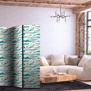 Paravent - Fish Leaping Above the Waves - Oriental Fish and Water Lilies Among High Waves in Sea Green Colors