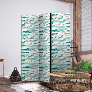 Paravent - Fish Leaping Above the Waves - Oriental Fish and Water Lilies Among High Waves in Sea Green Colors