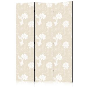 Paravent - Fish and Water Lilies - Bright Oriental Fish Swimming Among Water Flowers on a Delicate Sand-Beige Background