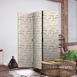 Paravent - Fish in Beige Tones - Various Species of Fish in Beige-Brown Colors Presented in Vintage Style on a Light Background